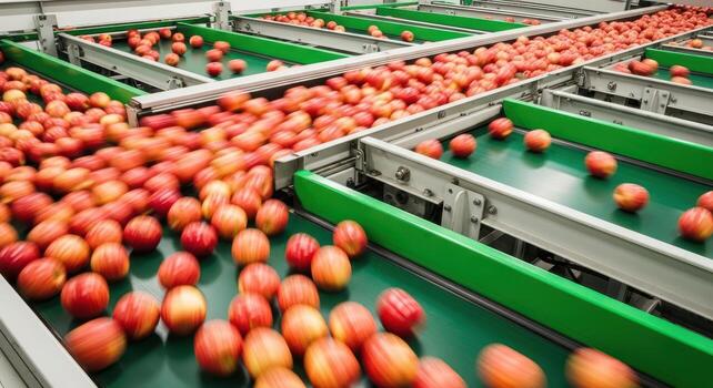 Fresh red apples rapidly sorted and transported on green conveyor belts in a modern factory photo