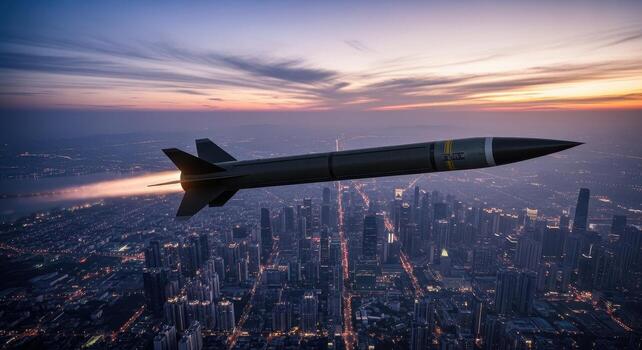 Sleek missile with pointed nose and fins flying horizontally over a modern city at twilight photo