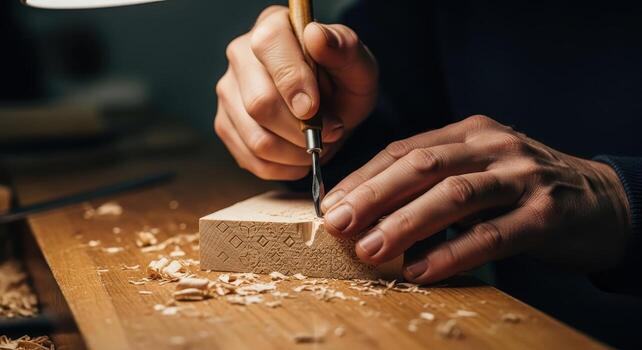 Skilled artisan hands meticulously carving intricate patterns into a light wood block with a chisel photo