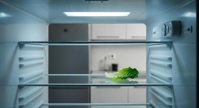 Opened empty refrigerator with bare glass shelves and a single green lettuce leaf inside photo