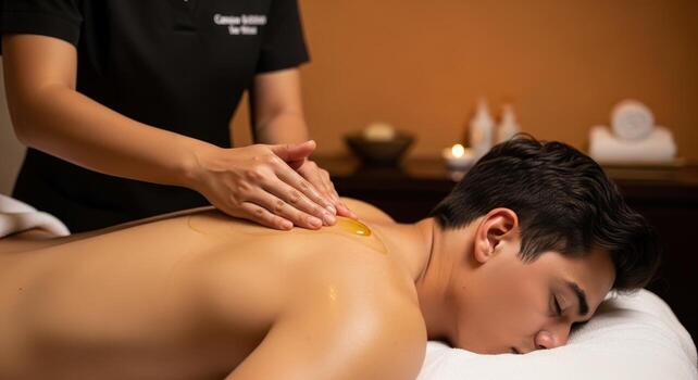 Professional massage therapist applying essential oil to a man back in a relaxing spa setting photo