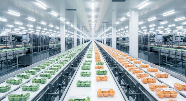 Modern food processing plant with automated conveyor belts and packaged fresh produce photo