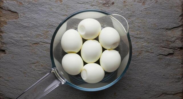 Top down view of perfectly arranged boiled eggs in a glass saucepan on a gray slate surface photo