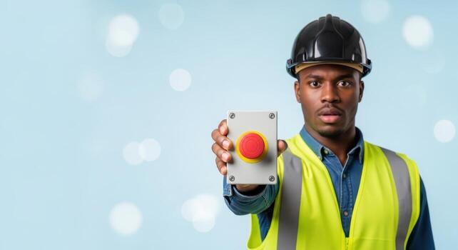 Black man in safety vest and hard hat holding a red emergency stop button panel photo