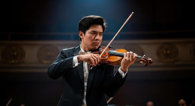 Professional asian man playing violin with intense focus on stage during a classical concert photo