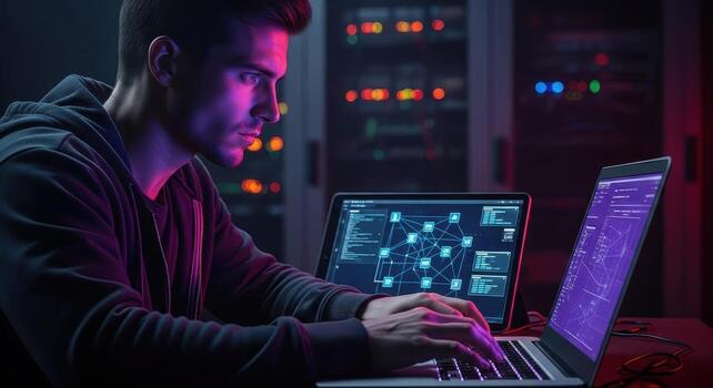 hacker trabajando en ordenador portátil en un oscuro servidor habitación, cara iluminado por vibrante púrpura pantalla resplandor foto