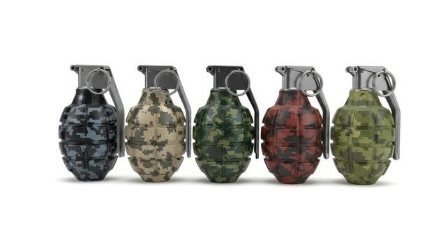 Row of five tactical grenades with distinct digital camouflage patterns and metallic components photo