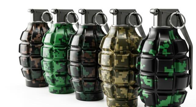 Row of five advanced tactical grenades with distinct digital camouflage patterns photo