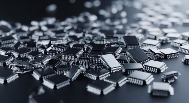 High detail close up of numerous scattered integrated circuit microchips for technology photo