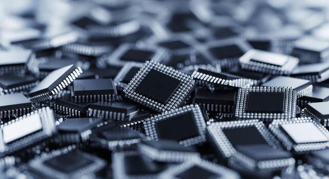 Large scattered pile of shiny miniature integrated circuit chips, modern electronics technology photo