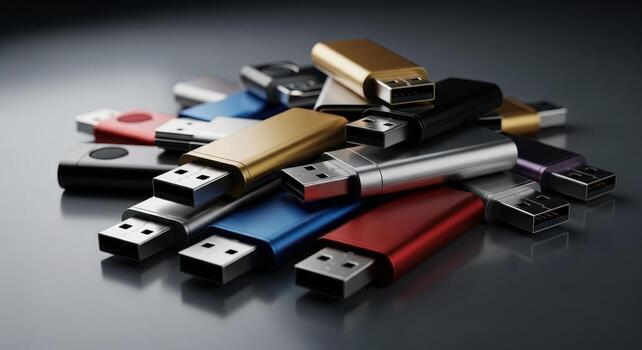 Pile of colorful USB flash drives on a dark reflective surface, data storage technology photo
