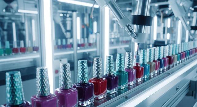 Automated production line filling colorful nail polish bottles in modern cosmetic factory photo