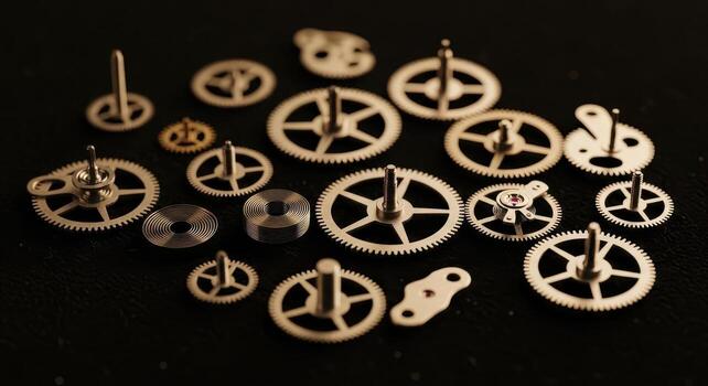 Intricate tiny watch gears and springs scattered on a dark surface, close up view photo