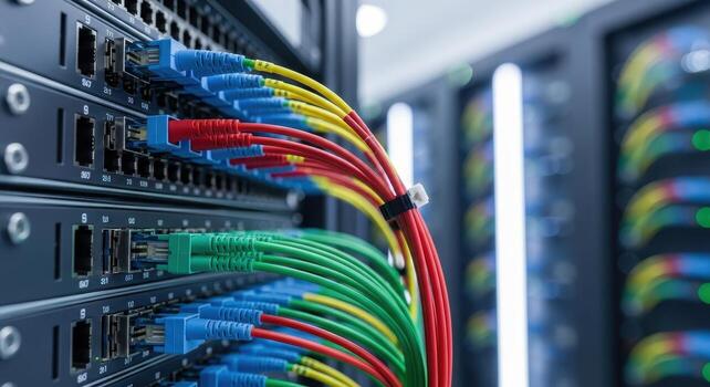 High speed data connection with colorful fiber optic cables in a modern server rack photo