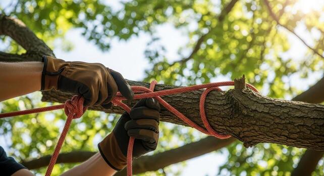 Arborist gloved hands tying a safety climbing rope around a sturdy tree branch photo