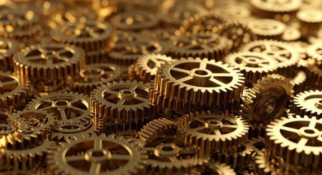 Detailed close up of numerous intricate golden brass gears forming a complex mechanical background photo