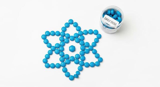 Vibrant blue pills arranged in an atom shape, symbolizing science and daily medication dosage. photo