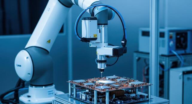 Industrial robotic arm with laser scanner performing quality inspection on circuit board photo