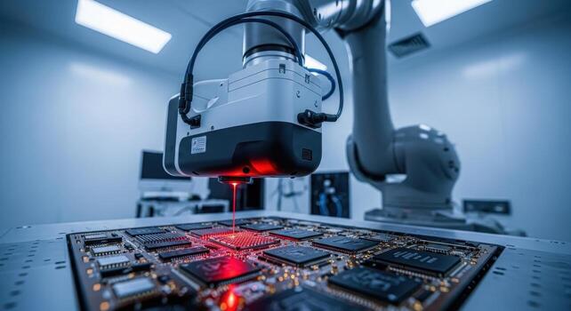 Precision robotic arm with laser scanning a microchip on a circuit board in a cleanroom photo
