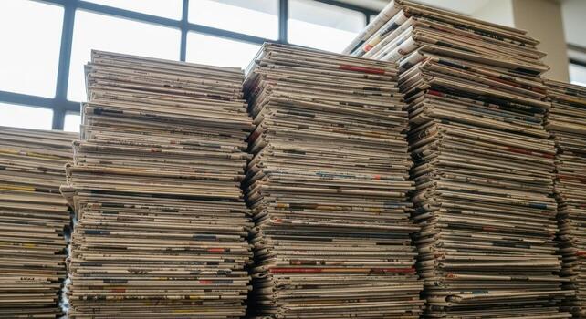 Towering piles of neatly stacked old newspapers and magazines representing news and information photo