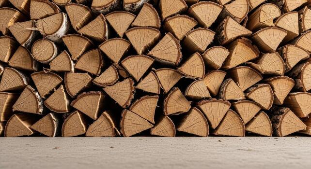 Neatly stacked firewood logs with visible tree rings and bark, ready for winter warmth photo