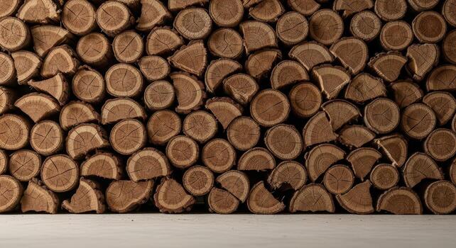 Perfectly stacked firewood logs with visible circular cross sections and natural wood texture photo
