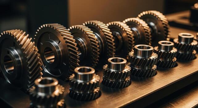 Rows of shiny precision machined metal mechanical gears arranged on a workshop table photo