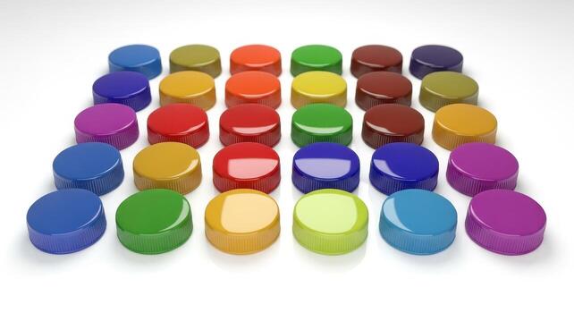 Brightly colored plastic bottle caps in a perfect grid pattern, showcasing vibrant hues and glossy texture photo