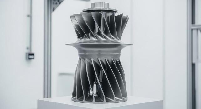 Precision machined aerospace turbine blade made of brushed titanium alloy in a clean industrial setting photo