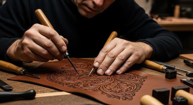 Close up of a craftsman hands tooling intricate patterns onto a piece of brown leather photo