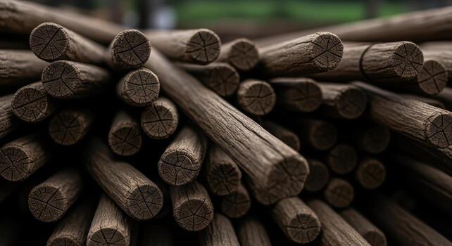 Close up of a dense pile of dark, weathered reclaimed wooden dowels with unique grain patterns photo