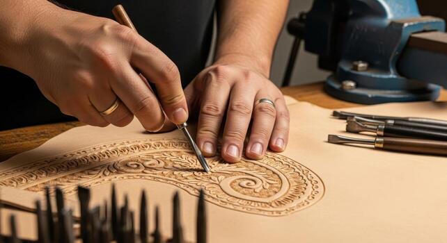 Craftsman hands meticulously tooling intricate patterns onto natural leather in a workshop photo