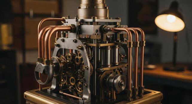 Intricate vintage steampunk automaton with polished copper pipes and visible gears photo