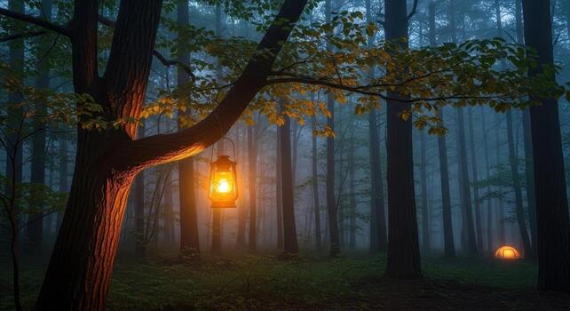 Illuminated lantern hanging from a tree branch in a dense, misty forest at dusk with a glowing tent photo