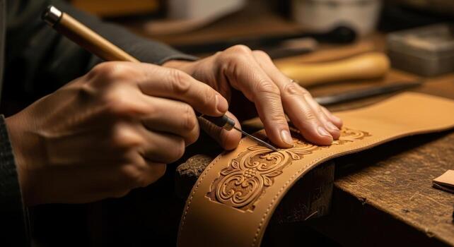 Meticulous hands carving intricate patterns into natural leather with specialized tools photo
