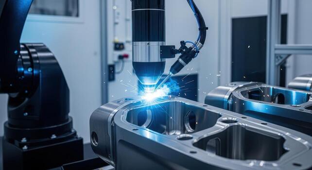 Automated robotic arm performing precision laser welding on a metal component in a modern factory. photo