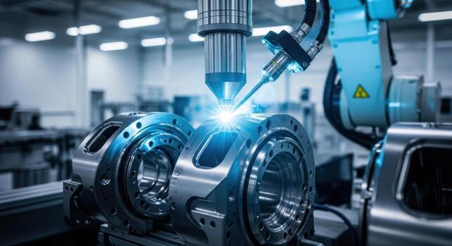 Automated robotic arm performing precision laser welding on metal parts in a modern factory photo