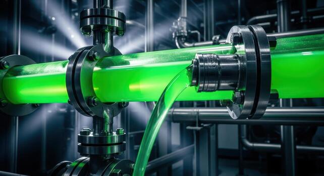 brillante verde fluido circulante en un complejo industrial tubería sistema y maquinaria foto