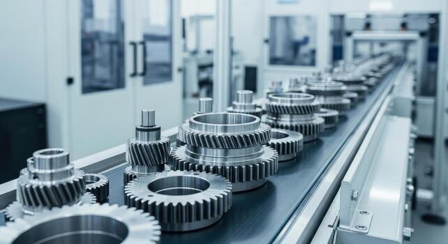 Precision machined stainless steel gears moving on a conveyor belt in a modern factory setting photo