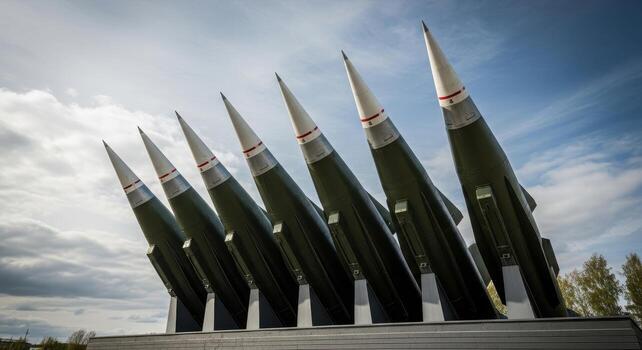 Seven imposing military missiles standing upright in a precise row under a cloudy sky photo