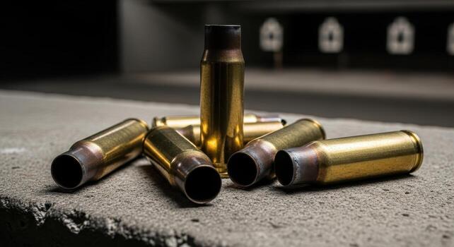 Collection of shiny brass spent bullet casings on concrete at a shooting range photo