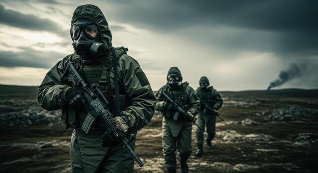 Military personnel in protective suits and gas masks with rifles on a desolate terrain photo