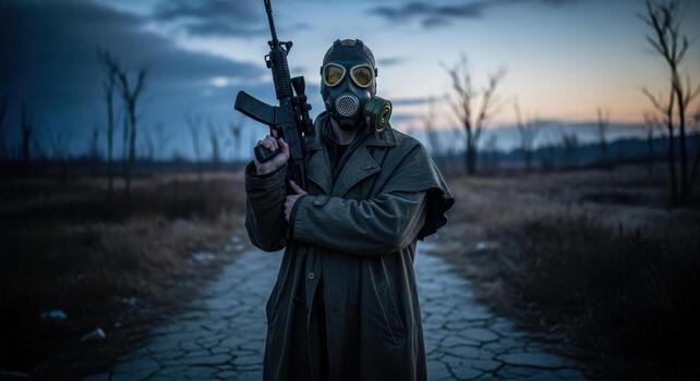 Lone survivor in gas mask holding rifle on cracked path in desolate wasteland photo
