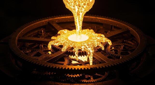 Luminous liquid metal cascading over dark clockwork mechanisms, forming intricate golden shapes. photo
