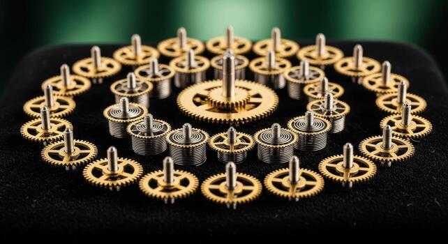 Intricate arrangement of golden brass clockwork gears and silver springs photo