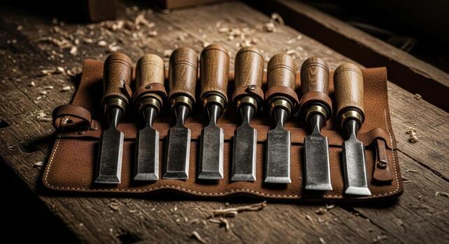 Collection of eight antique woodworking chisels in a leather tool roll on a rustic workbench photo