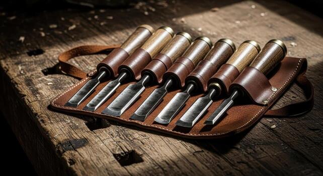 Collection of sharp woodworking chisels with wooden handles in a leather roll on a workbench photo