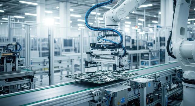 Robotic arm precisely placing an electronic circuit board on an automated assembly line in a modern factory photo
