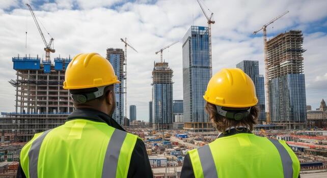 Construction engineers in hard hats overseeing a modern city building development site photo
