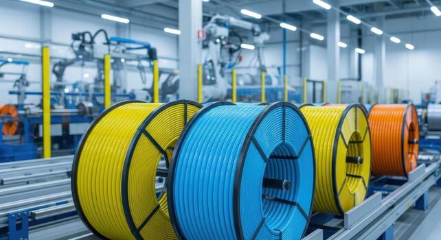 Modern industrial facility with large, glossy coils of colorful electrical cables on spools. photo